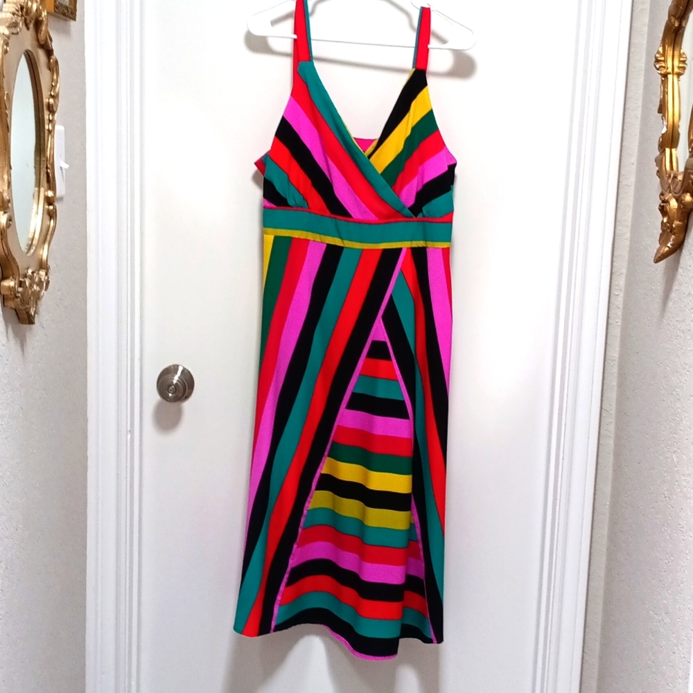 Striped Multicolor Midi Dress with Surplice Neckline